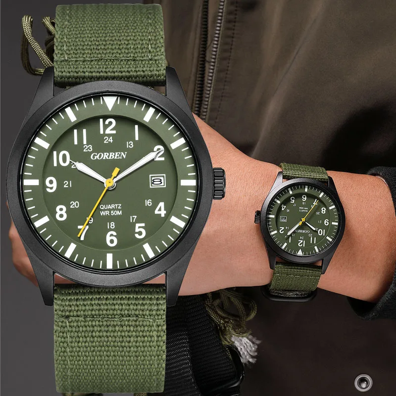 Simple Quartz Watch Men Luminous Hands Woven Canvas Belt Fluorescent Green Men's Watch Fashion Male Gift