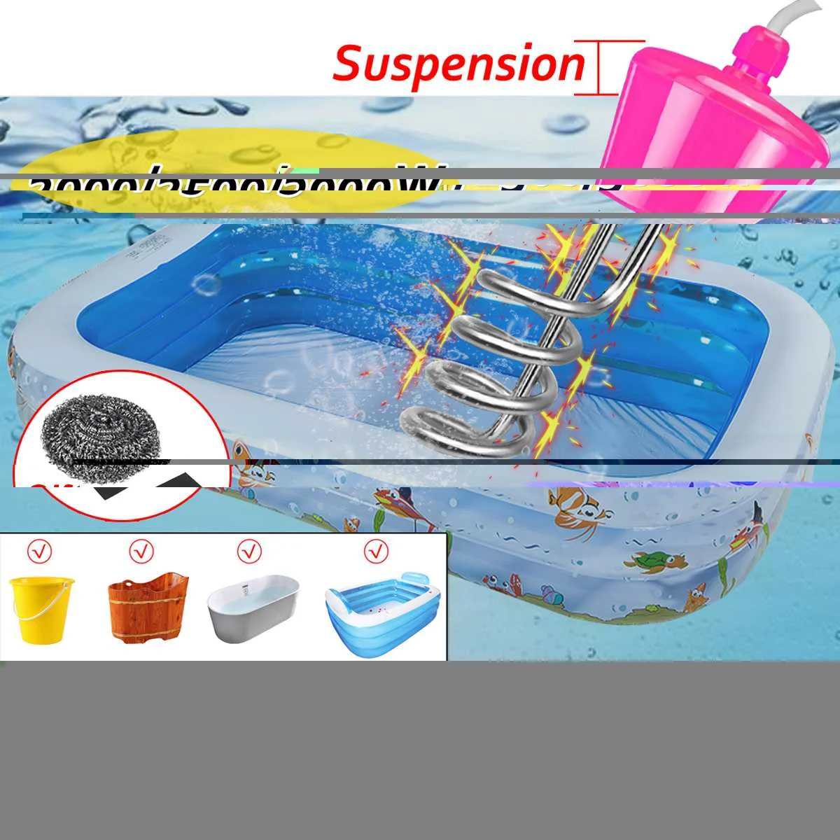

2000/2500/3000W 2M Electricity Immersion Water Heater Element Boiler Portable Water Heating rods for Inflatable Swimming Pool