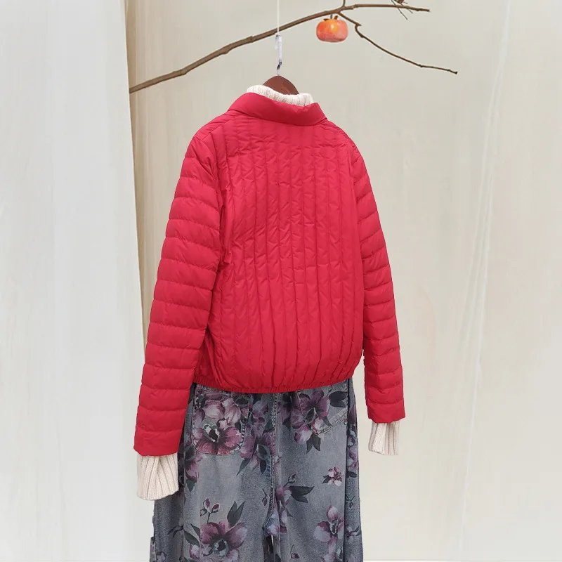 Thin down Jacket Women's Short Spring And Autumn Stand Collar Literature And Art Retro National Wind Versatile Vertical Striped
