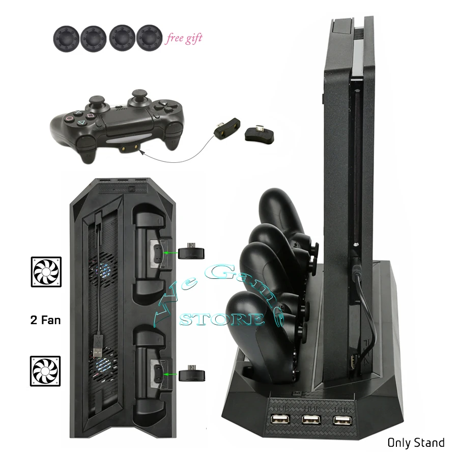 

PS4 Slim Console Vertical Cooling Fan Stand Cooler Dual Controller Charger Charging Station for Sony Playstation 4 Slim Games
