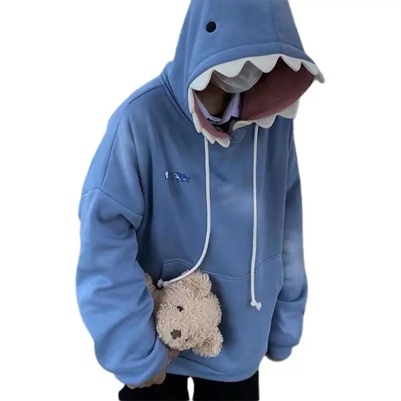 Women's Hooded Sweater Shark Hat Cute Plus Fleece Loose Hoodie Black/Blue Loose Drop Shoulder Sweater For Girl Women matching hoodies