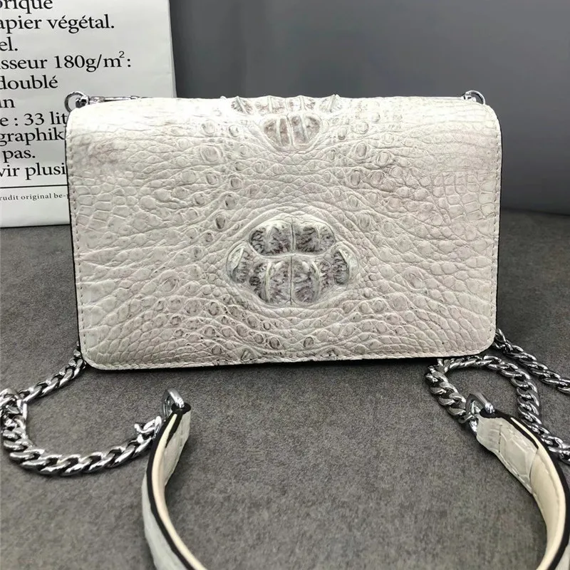 

Authentic Crocodile Skin Women White Flap Bag Genuine Alligator Leather Sliver Chain Lady Small Purse Female Single Shoulder Bag