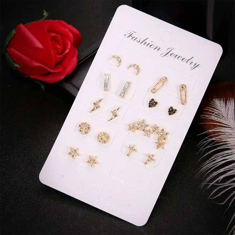 

5Sets 9 Pairs / Set Personality Women Lightning Cross Heart Love Moon Stars Gem Crystal Gold Party Earrings Set Combination Y4QB