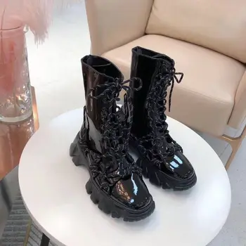 

Motorcycle Boots Lace Up Ladies shoes Leather Ankle Boots Women Autumn Winter Boots Fashion Shoes Woman Platform Middle Boots
