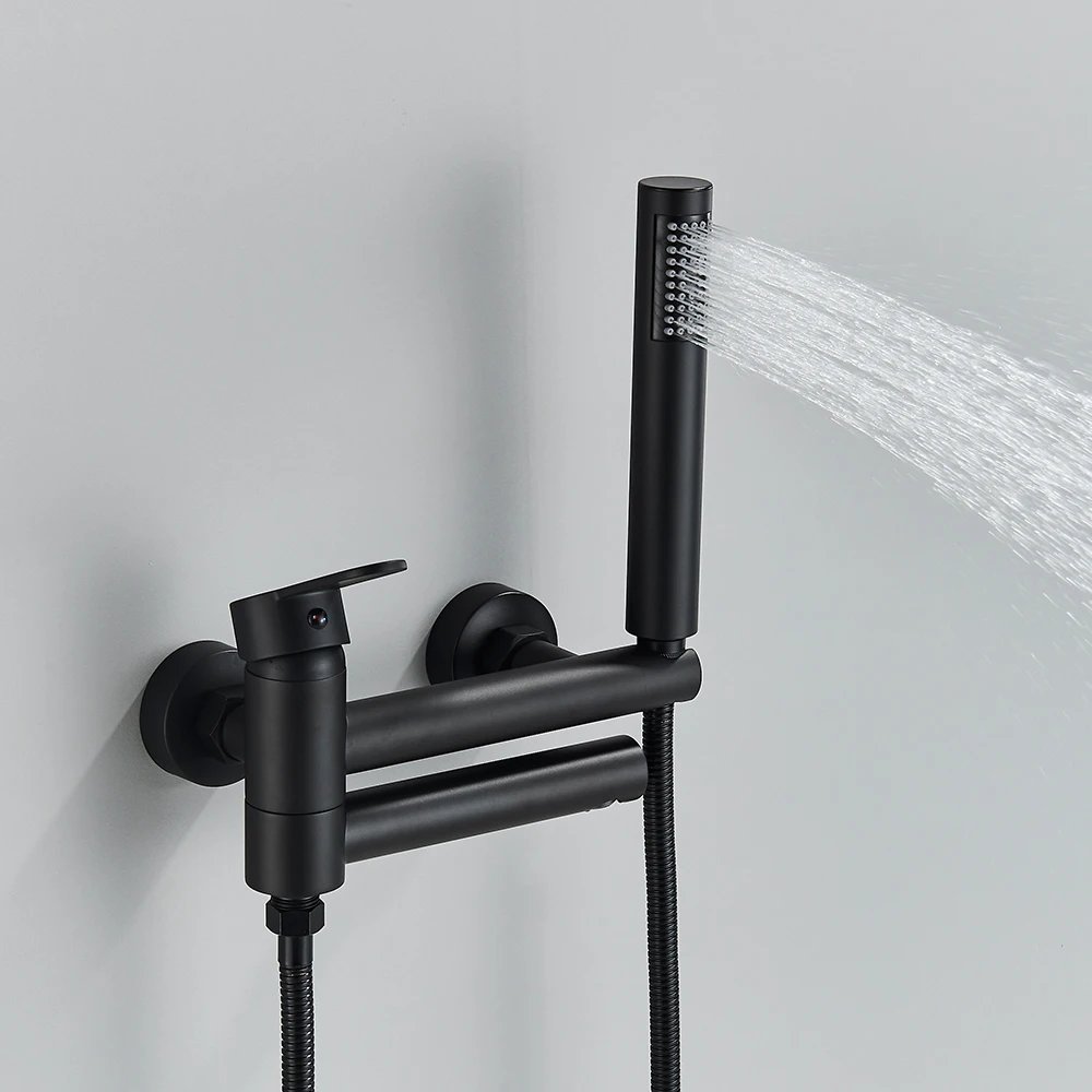 Rozin Black Bathtub Faucet with Swivel Tub Spout Brass Wall Mounted Bathroom Shower Mixer Tap Gold Full Shower Set for Toilet 3