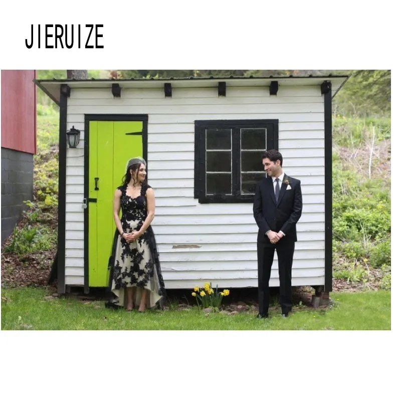 JIERUIZE, черные кружевные свадебные платья с аппликацией, с рукавами-крылышками, с открытой спиной, Hi Low, свадебные платья, платья для невесты, vestido de noiva