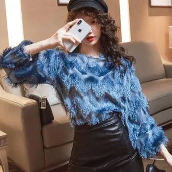 

korean women's tassels blouses Spring long sleeve tassles tops femme green tops blue blouses