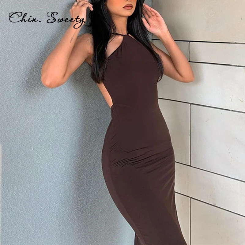 Vestido Midi de fiesta con tirantes y espalda descubierta para mujer, vestidos sexys acanalados marrones para discoteca, trajes de moda para mujer 2021