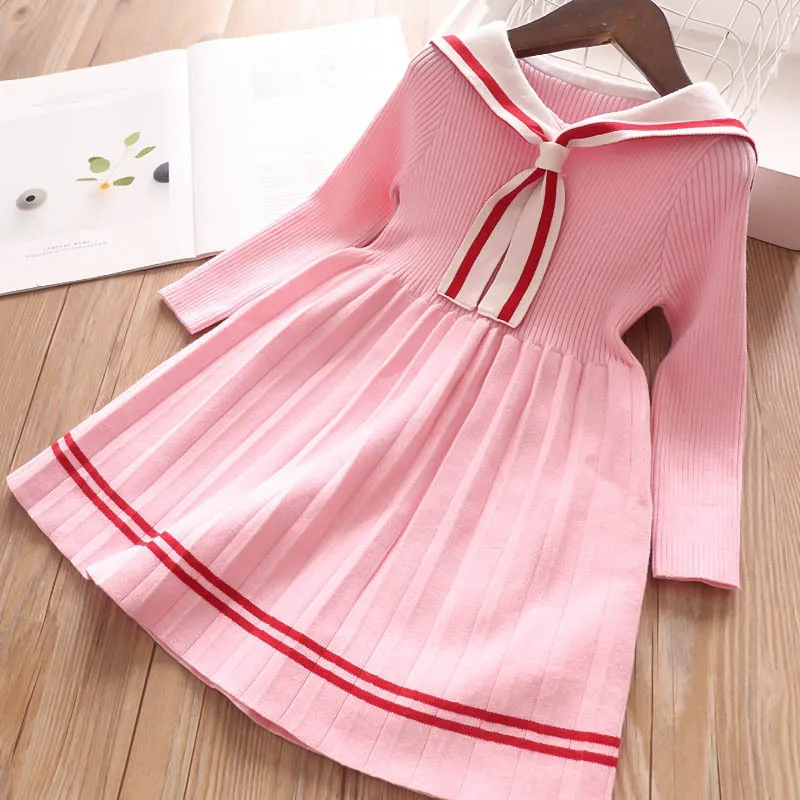 pink Розничная, зимние вязаные платья-свитера для девочек детское платье принцессы в морском стиле для девочек детское плиссированное платье в консервативном стиле - Цвет: pink