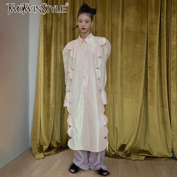 

TWOTWINSTYLE Patchwork Side Hollow Out Shirt For Women Lapel Puff Sleeve Lace Up Midi Blouse Female 2020 Fall Fashion New Style