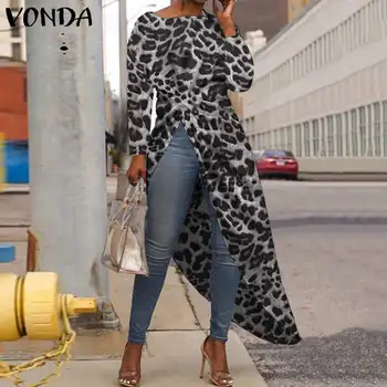 

VONDA 2020 Women Shirts Beach Vintage Long Sleeve Bohemian Party Irregular Tops Long Leopard Printed Blouse Plus Size
