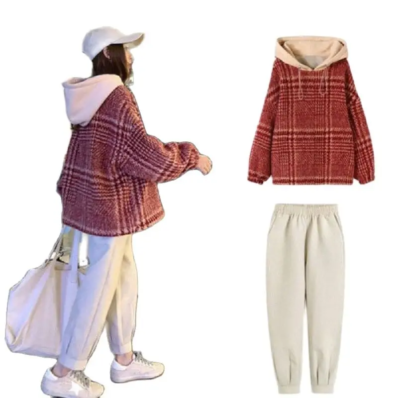 2 Piece Set Women 2021 Autumn And Winter Woman Pants New Style Wide-Leg Sweater Plus Velvet Padded Women's Tracksuit |