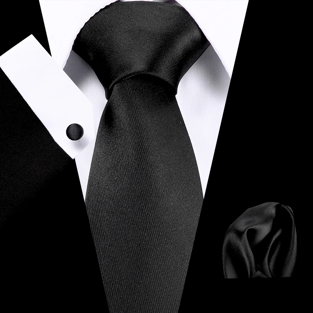 

Luxury Black Solid Mens 7.5cm Tie 100% Silk Jacquard Woven Extra long Tie Hanky Cufflink Set For Men Formal Wedding Party