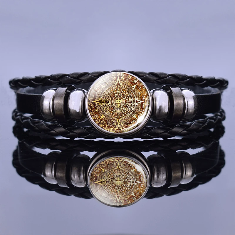 Black Leather Bracelet Aztec Jewelry Mayan Calendar Mexican Glass Cabochon Handmade Bracelet Mayan Jewelry Friends Gift