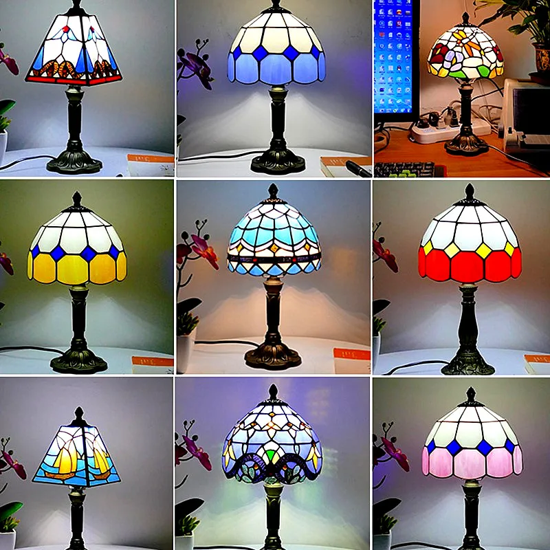

Mediterranean Style Restaurant Bar Cafe LED Vintage Desk Lamp Bedside Colorful Glass Table Lamps Nightstand Light Bedroom Lamp