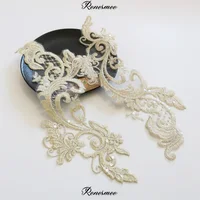 Buy 1mirror Pair /2pc Champagne Gold Clear Sequins Lace Applique Mesh Yarn Lace Flower Embroidery Patch 35.5X9cm Online - Image 4