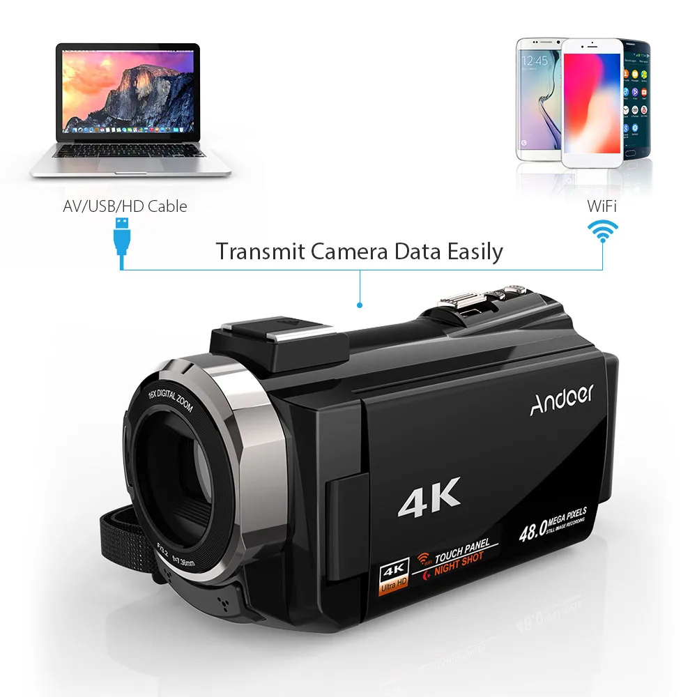 Andoer 4K 1080P 48MP WiFi цифровая видеокамера регистратор с 2 перезаряжаемыми батареями подарок на Рождество и год