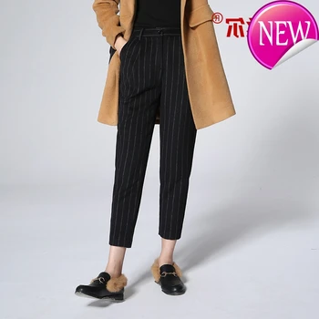 

Harem Pants Women Casual Black Striped Trousers Ankle Length Elastic Waist Ladies Loose Pants Pantalon Femme