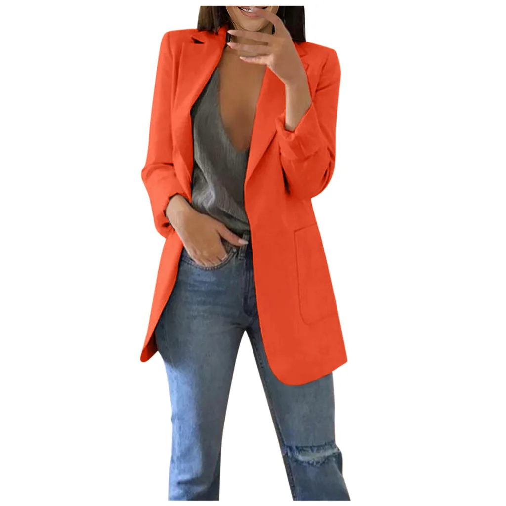 

women blazer open front Long Sleeve Office Ladies suit jacket casual long blazer femme solid d90912
