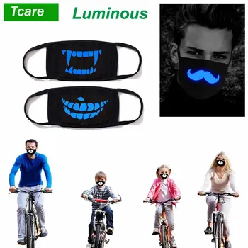 

1Pcs Luminous Cotton Unisex Fashion Black Mouth Mask Cover with Glowing Blue Vampire Teeth Print for Men Women Boys Girls