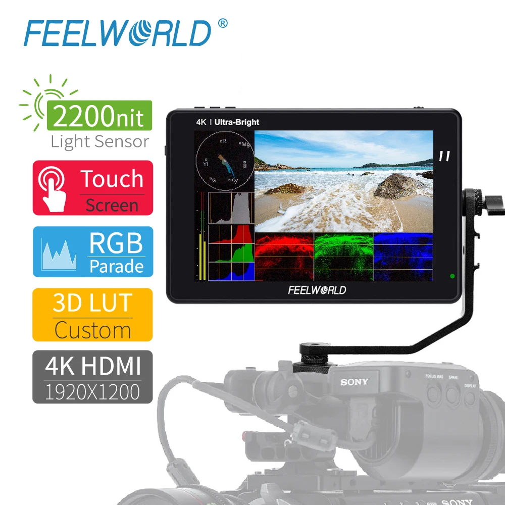 

FEELWORLD LUT7S 7 Inch 3G-SDI 4KHDMI 2200nits 3D LUT Touch Screen DSLR Camera Field Monitor with Waveform VectorScope Histogram