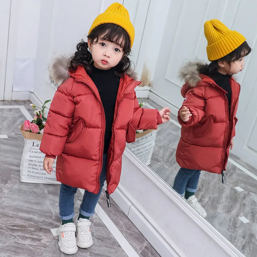 Зимняя куртка для девочек 2-9 лет, модная длинная парка детская повседневная однотонная верхняя одежда с капюшоном детское красное пальто с искусственным мехом для мальчиков - Цвет: Burgundy