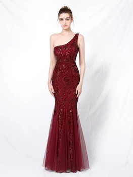 

One-shoulder Tulle Sequins Evening Dresses Long Mermaid Elegant Vestioes Prom Robe Burgundy White Formal Party Dress 2020 New
