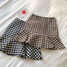 Винтажная клетчатая Женская юбка, повседневная, высокая талия, Женская юбка-труба, шикарные оборки, консервативный стиль, Милая женская мини-юбка трапециевидной формы на молнии