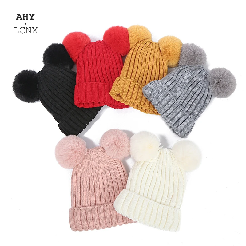 mens winter hat skullies Fashion Women Two Faux Rabbit Fur Pompom Winter Hat Cap Warm Thickened Plus Velvet Double Pom Pom Cable Knitted Skullies Beanie baggy beanie