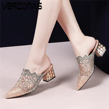 

VERCONAS Women Mules Party Pumps Rhinestones Slippers Thick Heel Pointed Toe High Heeled Sandals High Quality Shoes Woman