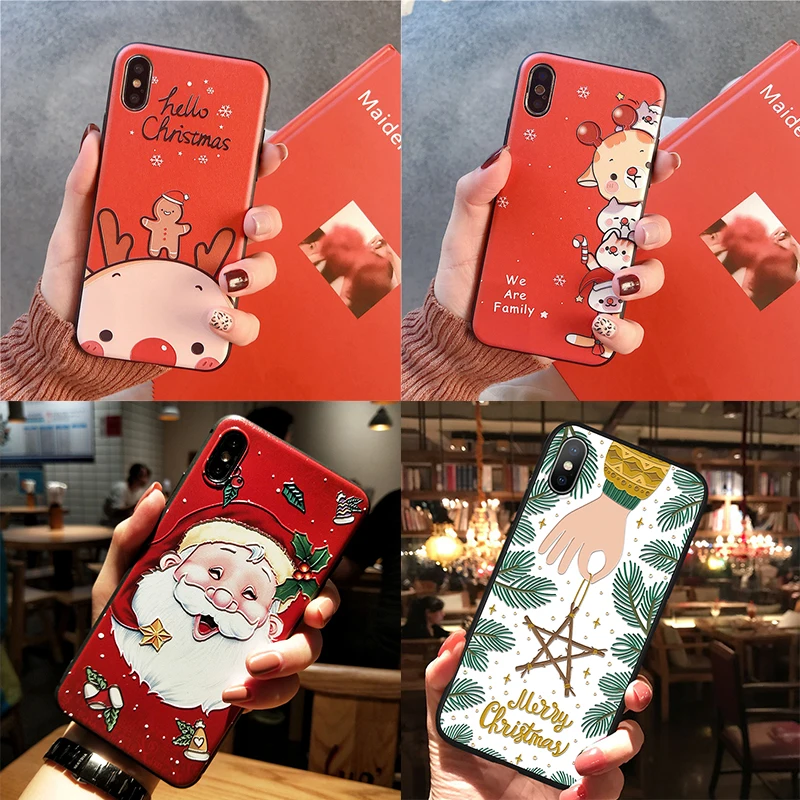 

Merry Christmas Relief Emboss Soft TPU 3D Emboss Case For iPhone 11 Pro XR XS Max X 6 6S 7 8 Plus 5 5S SE Case Cover Capas Coque