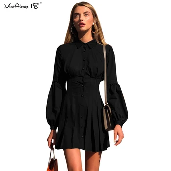 

Mnealways18 Elegant Black Shirt Dress Women Mini Short Pleated Dress Lantern Sleeve Spring Office Ladies Dress Turn-Down Collar