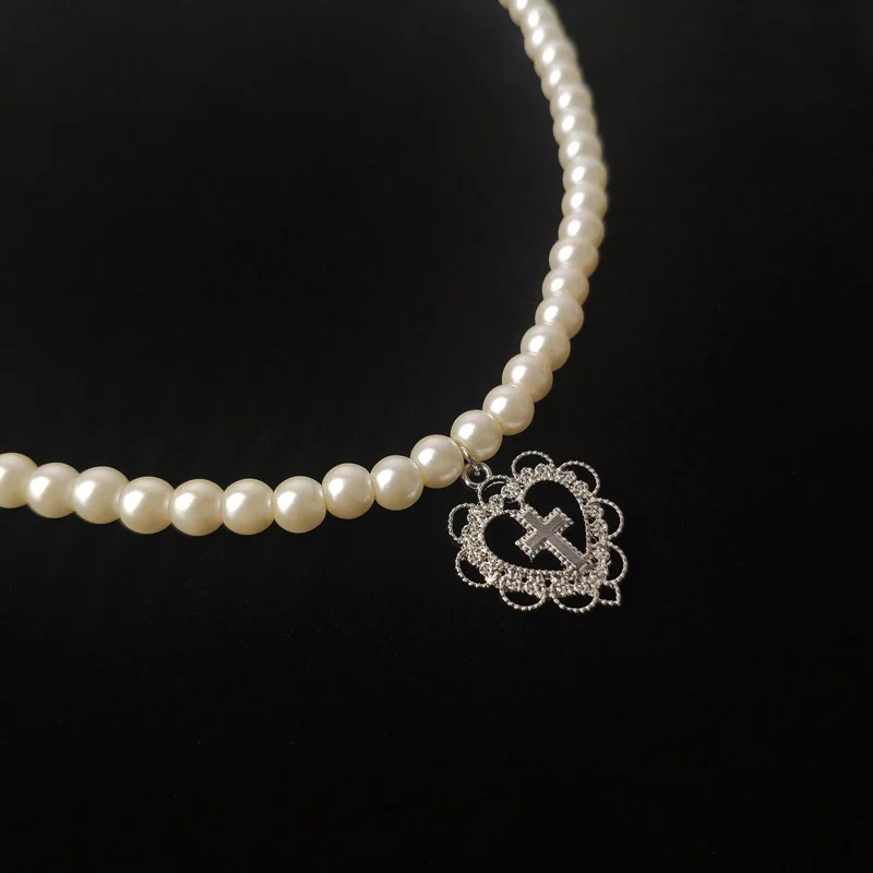 Necklace Fashion Jewelry Pendant Pearl-Chain Cross Choker Harajuku Heart-Shaped Punk Gothic