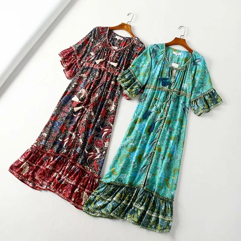Boho Chic женское платье с цветочным принтом, рукав летучая мышь, вискоза, богемное платье happie, женское Плиссированное Платье макси с v-образным вырезом и кисточками, vestidos