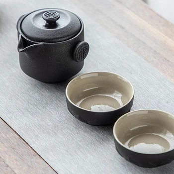 

Black Ceramic Teapots with 2 Cups a Tea Sets Portable Travel Office Chinese Style Tea Set