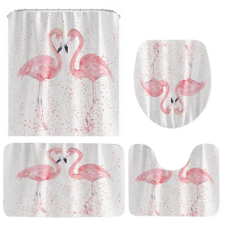 1/3/4Pcs 3D Flamingo Waterproof Shower Curtain Mildew proof Toilet Cover Non-slip Mat 3pcs Toilet Bathroom Decor with 12 Hooks - Цвет: 4pcs Full Set