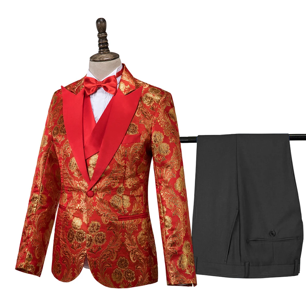 Suit 16 Свадебный серебряный костюм с цветочным принтом и птицами(пиджак+ брюки+ жилет), мужские смокинги с отворотом, вечерние костюмы для жениха, певицы, Homme - Цвет: Suit 16