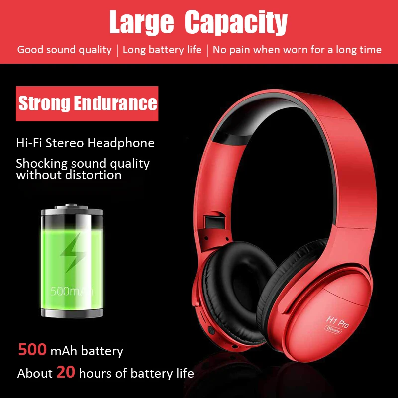 H1 Pro Bluetooth-Compatible Headphones Wireless Earphone with Mic Hands-free HIFI Stereo BT5.0 Over-Ear Headset Support TF Card