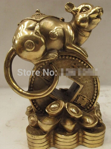 ++++ free shipping China Copper Bronze Feng Shui Lucky Wealth YuanBao Coin Zodiac Rats Mouse Statue | Дом и сад
