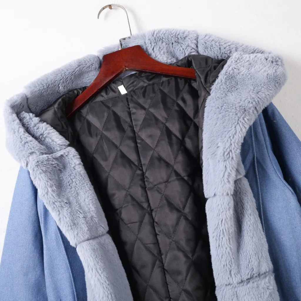 Женская флисовая зимняя джинсовая куртка пуховое пальто с капюшоном пальто рыбий хвост с длинными рукавами меховое пальто Кепка хлопковая верхняя одежда парки