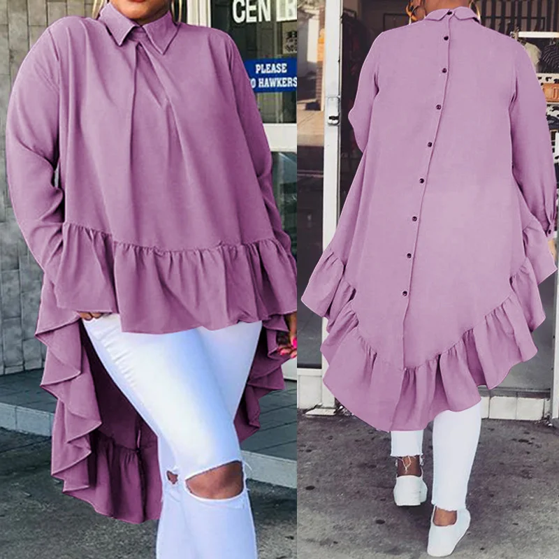 

Celmia Women Asymmetrical Tops 2020 Fashion Solid Back Buttons Ruffles Shirts Long Sleeve Lapel Casual Blouses Ladies Blusas 5XL