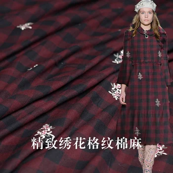 

Fine embroidered cotton and linen with dark red and black checked fabric spring and autumn shirt dress high-end clothing custom