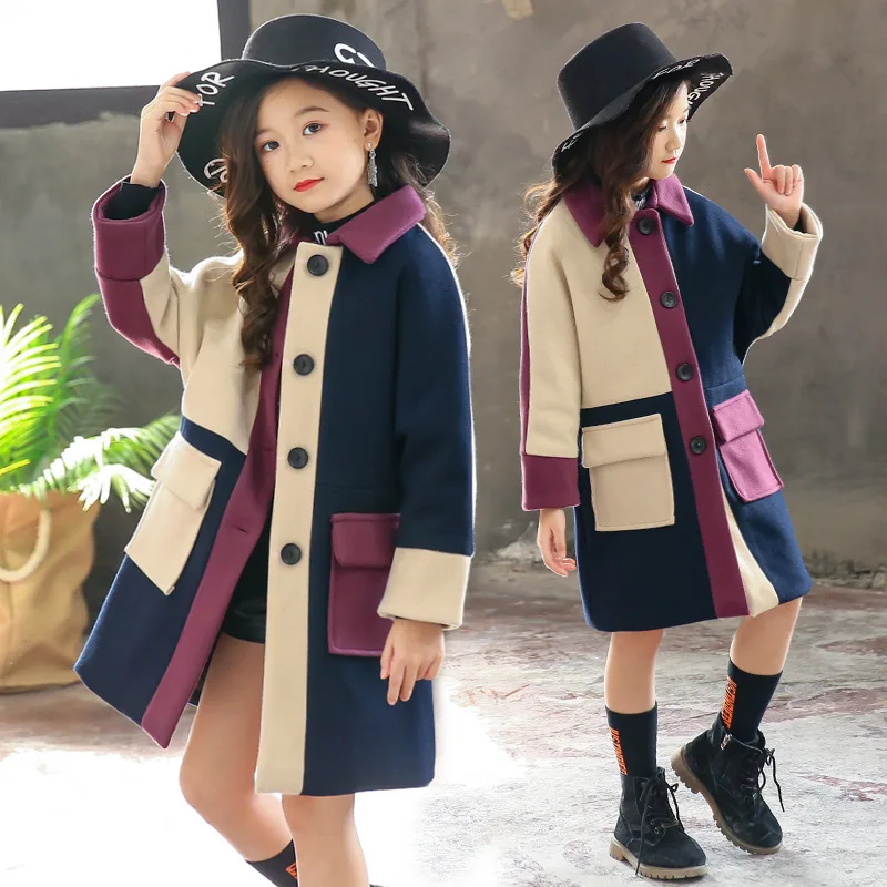 New Girl Winter Warm Long Coats Girl Outerwear Jackets Patchwork Outwear Teenage Girls Clothing Girls Woolen Coat