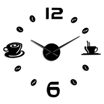 

Cafe DIY Large Wall Clock Frameless Giant Wall Clock Modern Design Coffee Mug Coffee Bean Wall Decor Kitchen Wall Watch Black