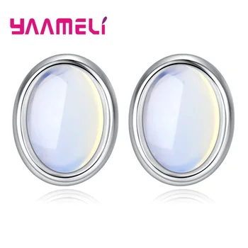 

Retro Moonstone Stud Earring for Women 925 Silver White Oval Semi-precious Stone Pendientes for Hallowmas Easter Jewellery