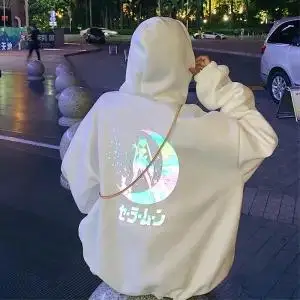 2 Harajuku японский мультфильм светоотражающий принт толстовки для женщин панк негабаритных толстовка пуловер уличная Сейлор свитшот с Луной девушка - Цвет: 2
