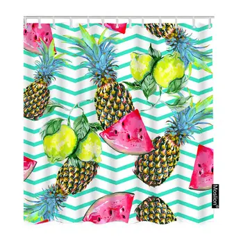 

Pineapple Shower Curtain Set Tropical Summer Fruits Lemon Watermelon in Green Stripes Shower Curtains Home Decorative Waterproof