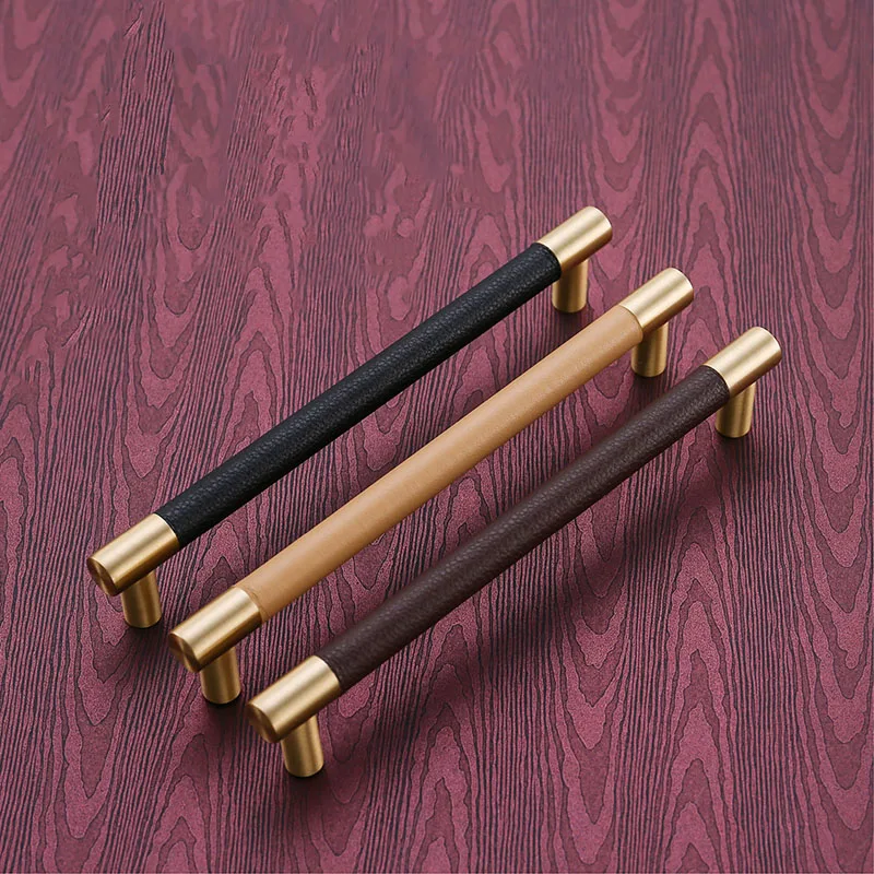 4pcs/lot Brass cabinet handle Leather Handles Furniture Knobs Closet Pulls Wardrobe Door Handle Free Shipping