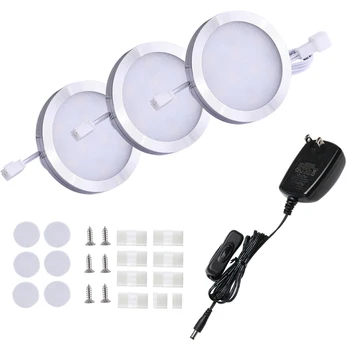 

LED Under Cabinet Lighting Linkable 3 Puck Lights for Kitchen Cabinet Under Counter Shelf Lighting with Adapter and switch