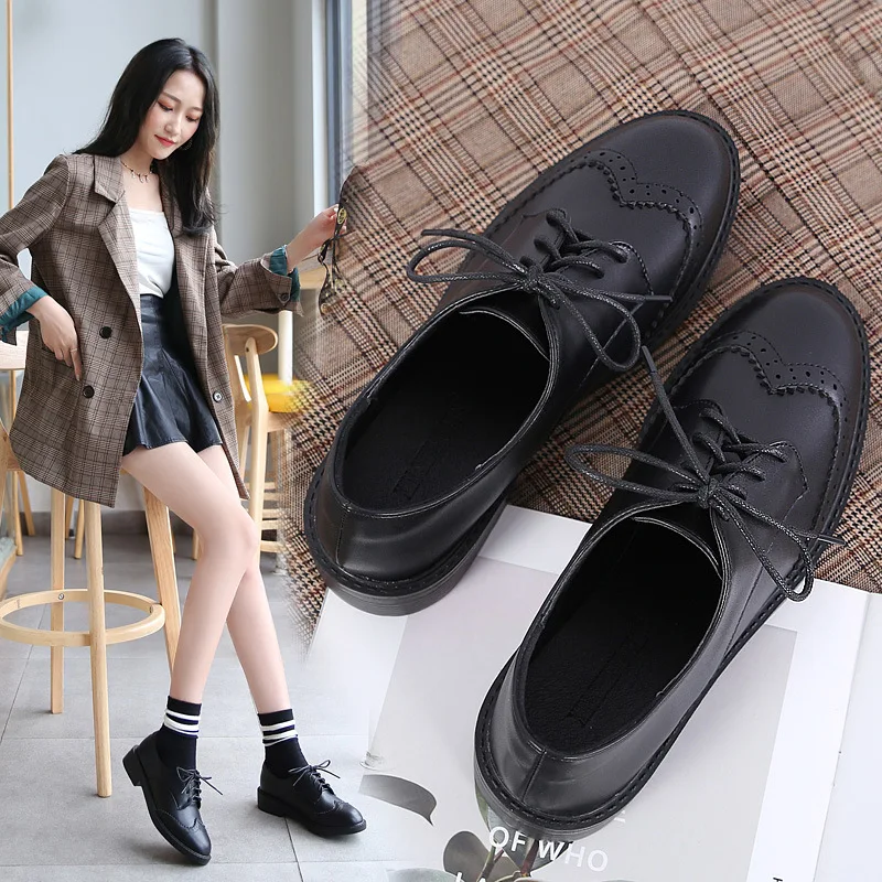 

British Soft women brogues leather shoes winter lace-up carved oxfords creepers plush flats students chunky espadrilles loafers